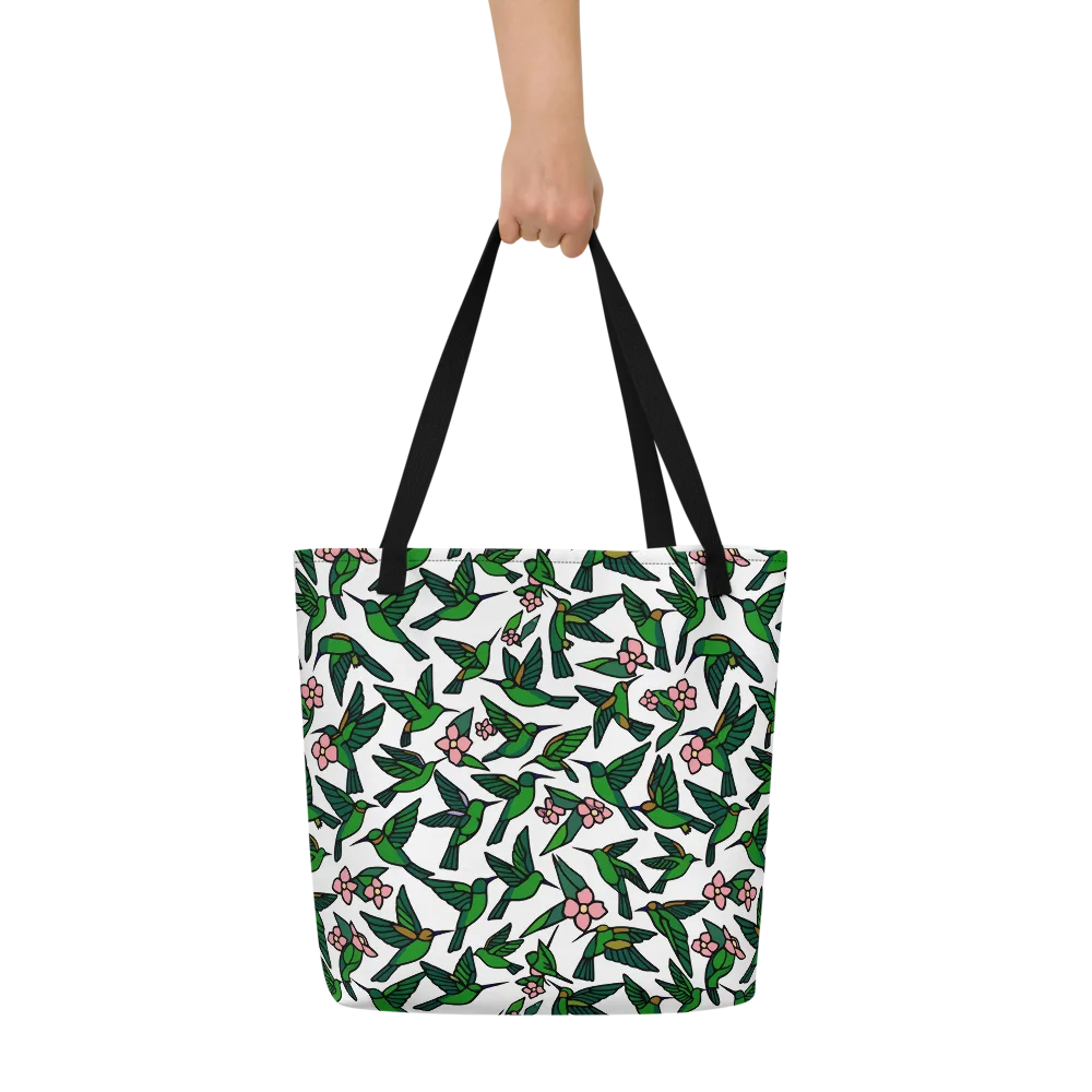 Emerald Hummingbird Garden on Large Tote Bag W/ Pocket — Front