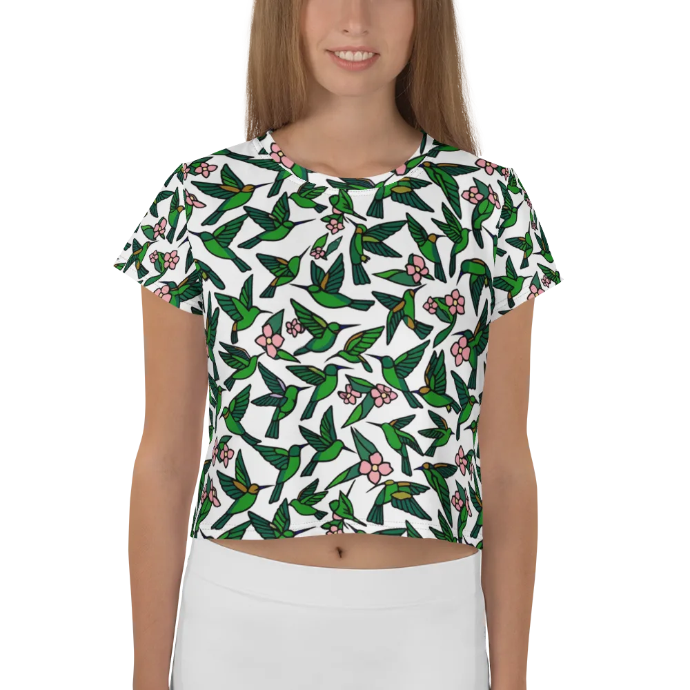 Emerald Hummingbird Garden on Crop Tee — Front