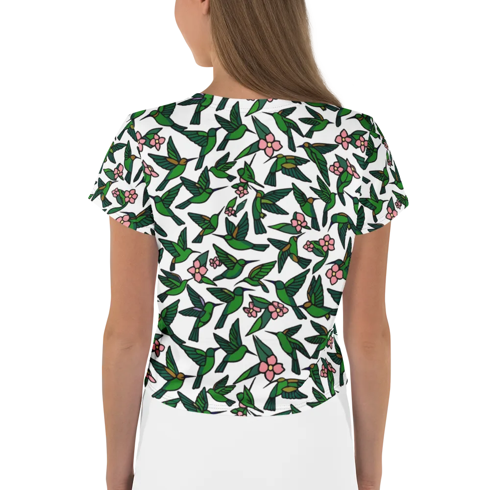 Emerald Hummingbird Garden on Crop Tee — Back