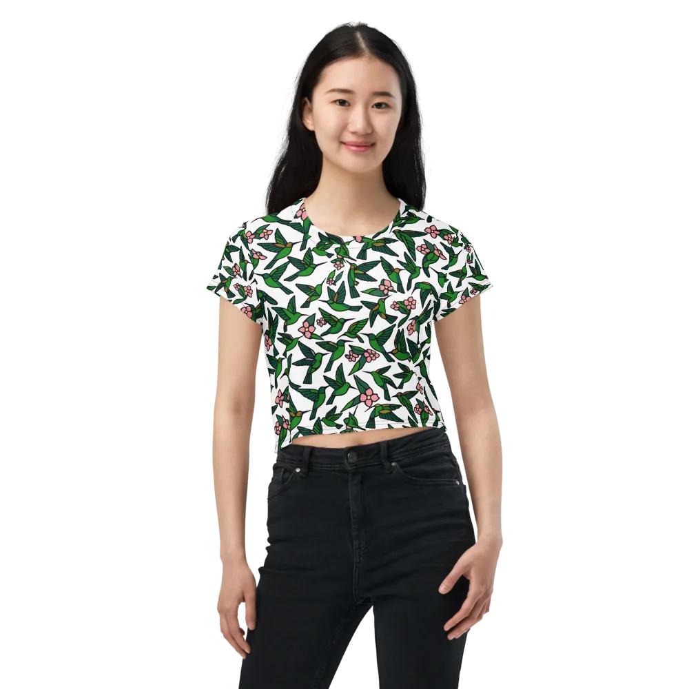 Emerald Hummingbird Garden on Crop Tee — Front