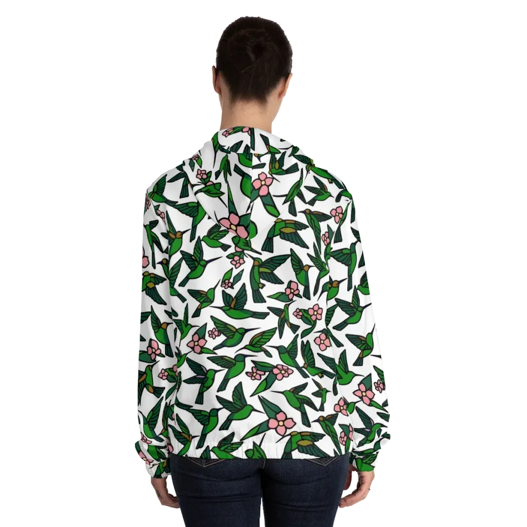 Emerald Hummingbird Garden on Women's Full-Zip Hoodie — Back On Person