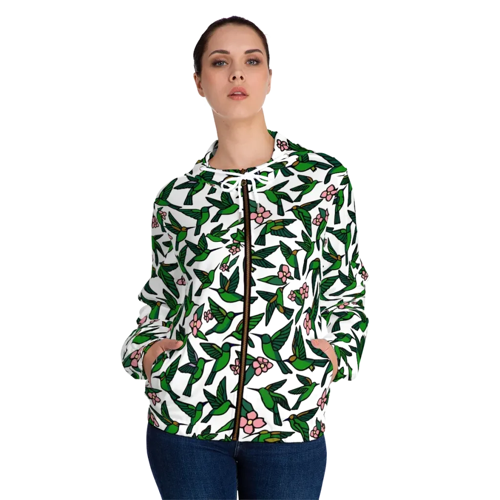 Emerald Hummingbird Garden on Women's Full-Zip Hoodie — Front On Person