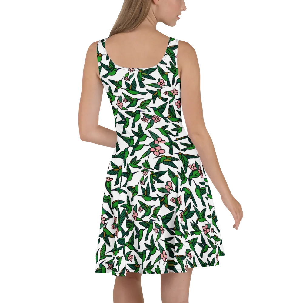 Emerald Hummingbird Garden on Skater Dress — Back
