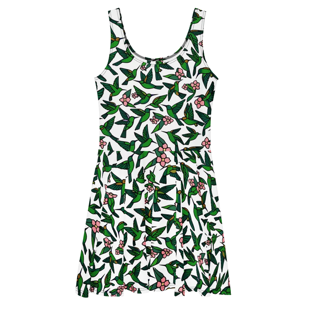 Emerald Hummingbird Garden on Skater Dress — Front