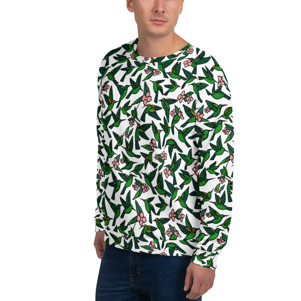 Emerald Hummingbird Garden on Sweatshirt — Left Front
