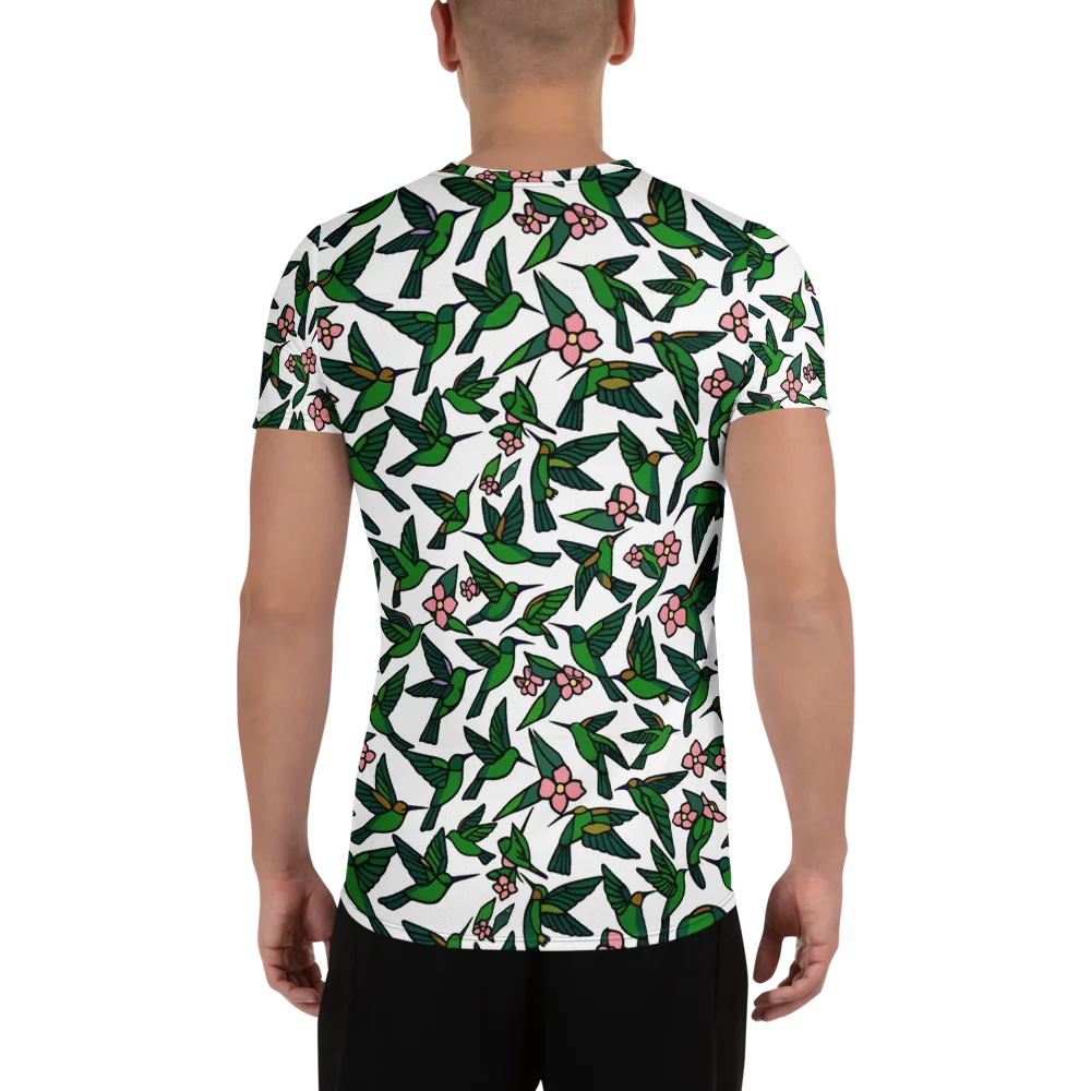 Emerald Hummingbird Garden on Men's Athletic T-Shirt — Back