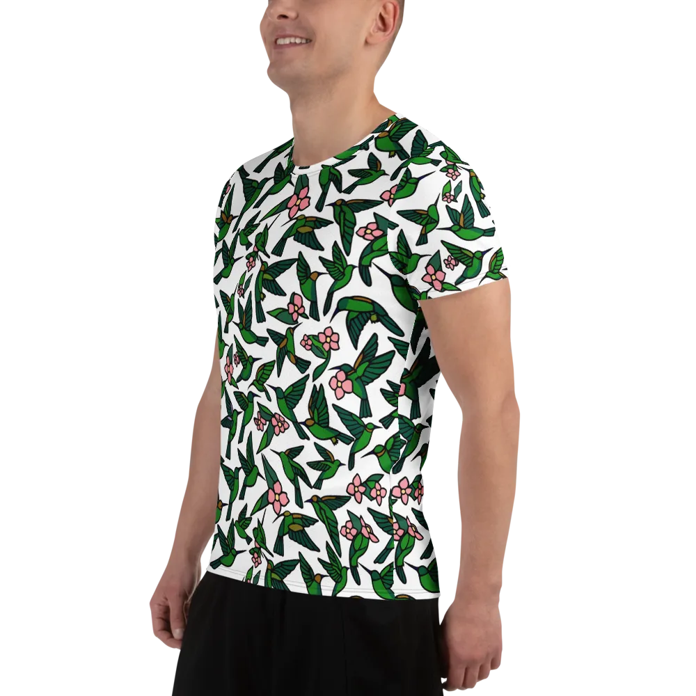 Emerald Hummingbird Garden on Men's Athletic T-Shirt — Left