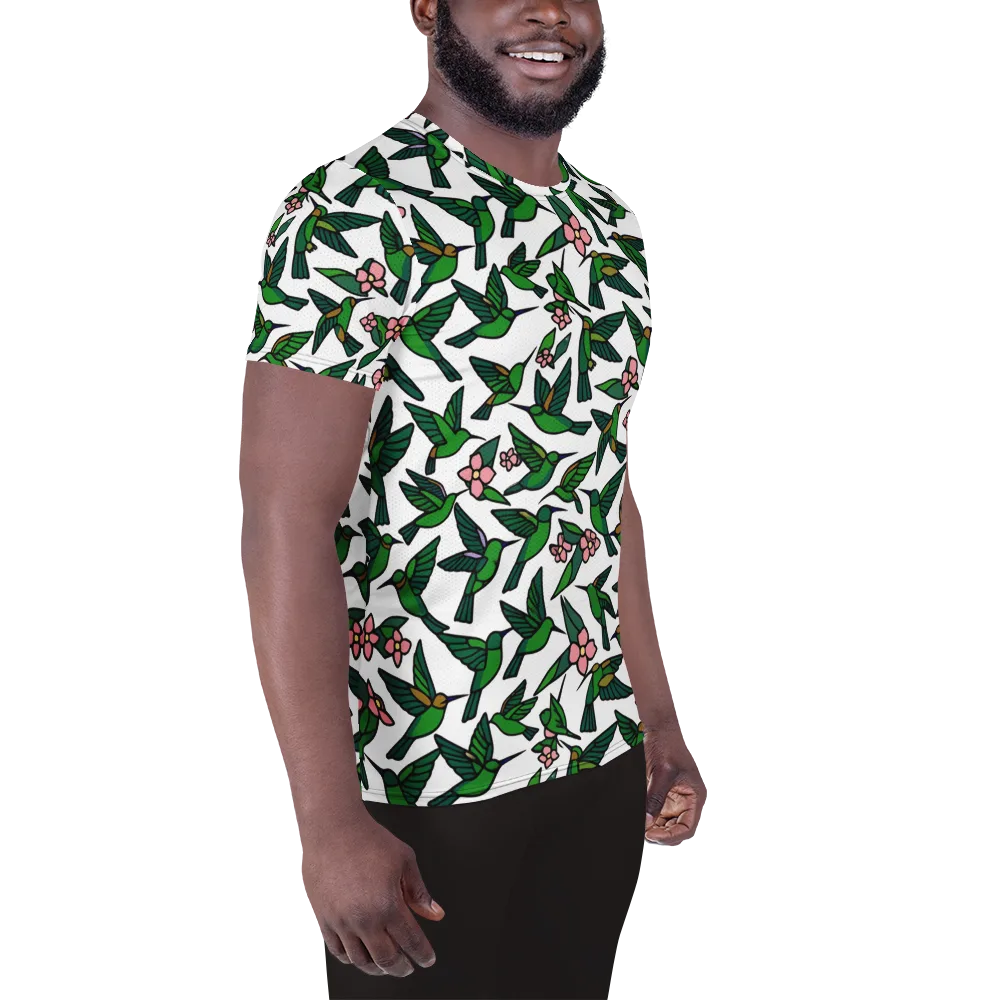 Emerald Hummingbird Garden on Men's Athletic T-Shirt — Right