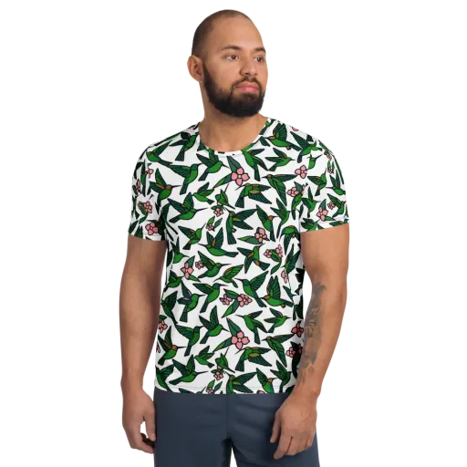Emerald Hummingbird Garden on a Men's Athletic T-Shirt