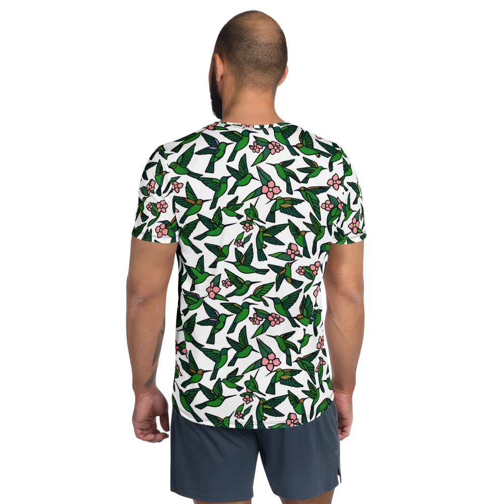 Emerald Hummingbird Garden on Men's Athletic T-Shirt — Back