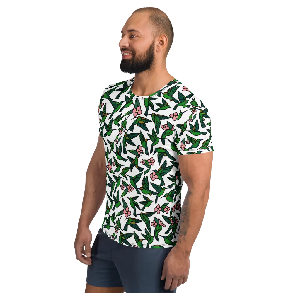 Emerald Hummingbird Garden on Men's Athletic T-Shirt — Left