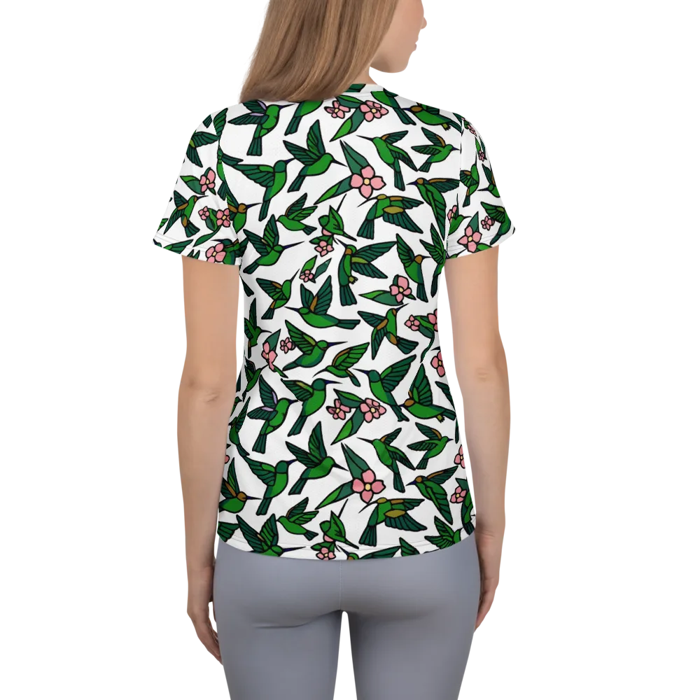 Emerald Hummingbird Garden on Women's Athletic T-Shirt — Back