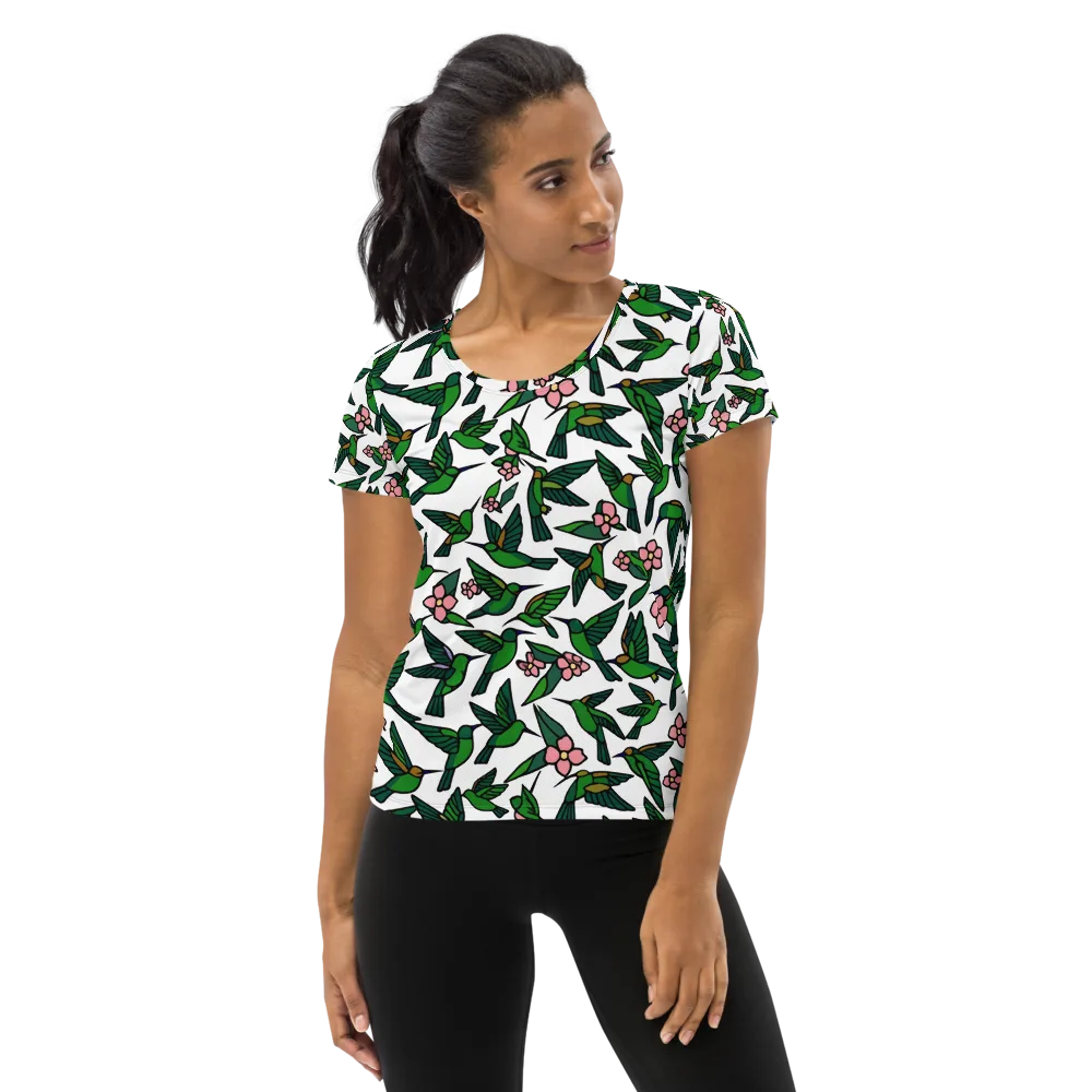 Emerald Hummingbird Garden on Women's Athletic T-Shirt — Front