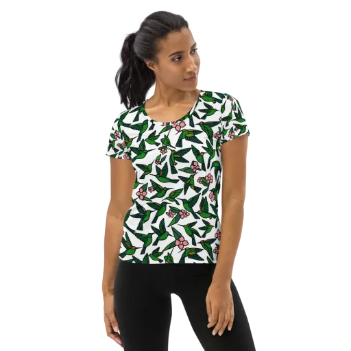 Emerald Hummingbird Garden on a Women's Athletic T-Shirt