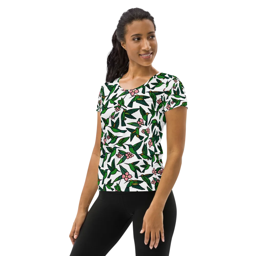 Emerald Hummingbird Garden on Women's Athletic T-Shirt — Left