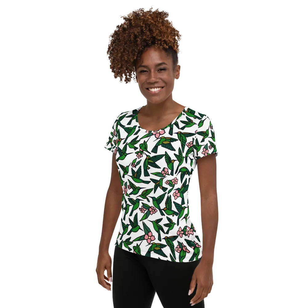 Emerald Hummingbird Garden on Women's Athletic T-Shirt — Left