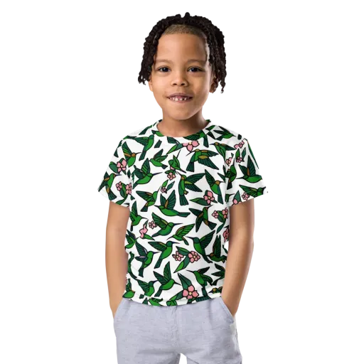 Emerald Hummingbird Garden on a Kids Crew Neck T-Shirt