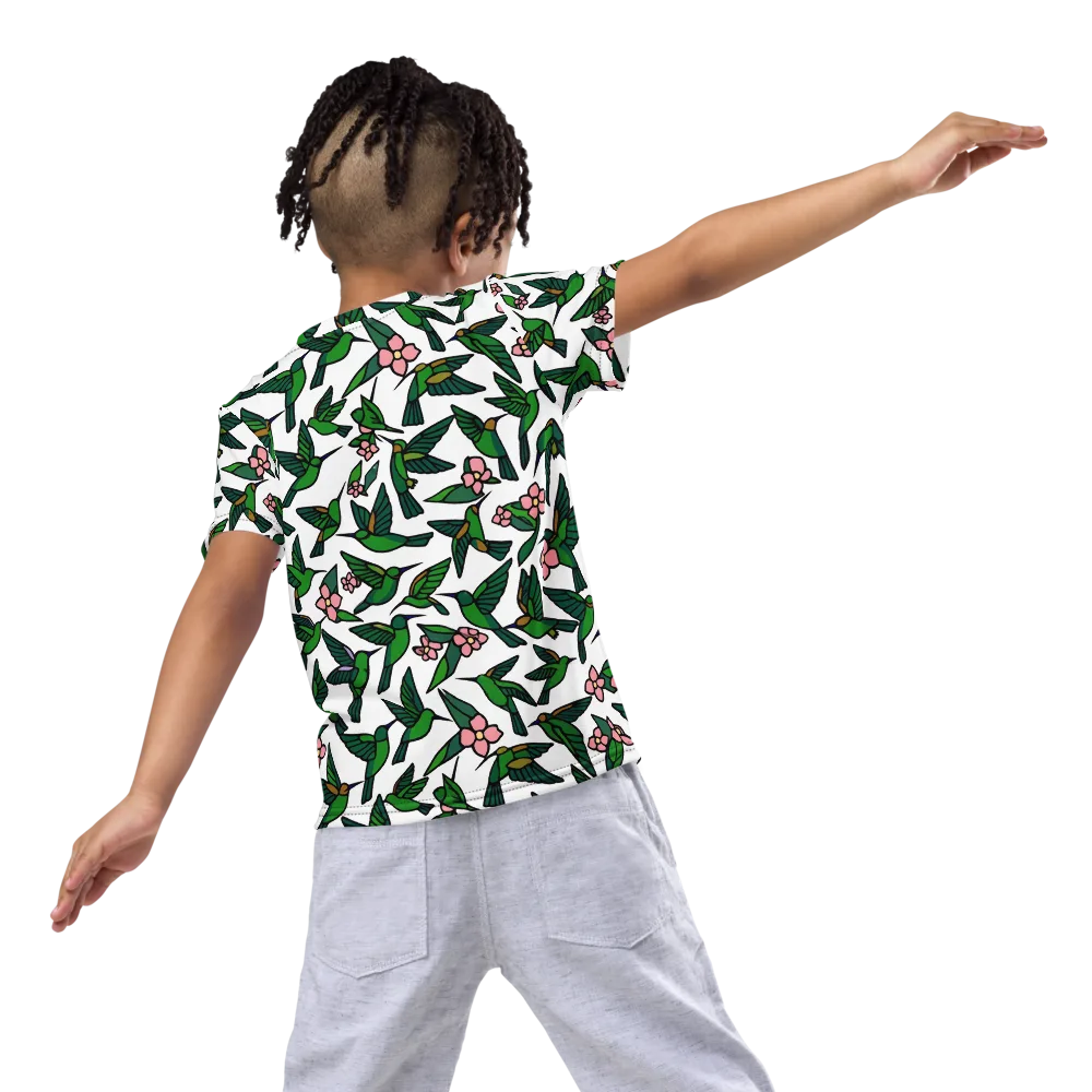 Emerald Hummingbird Garden on Kids Crew Neck T-Shirt — Back