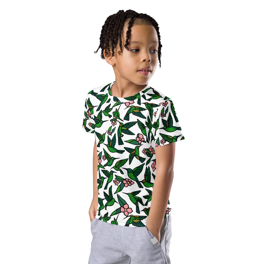 Emerald Hummingbird Garden on Kids Crew Neck T-Shirt — Left Front