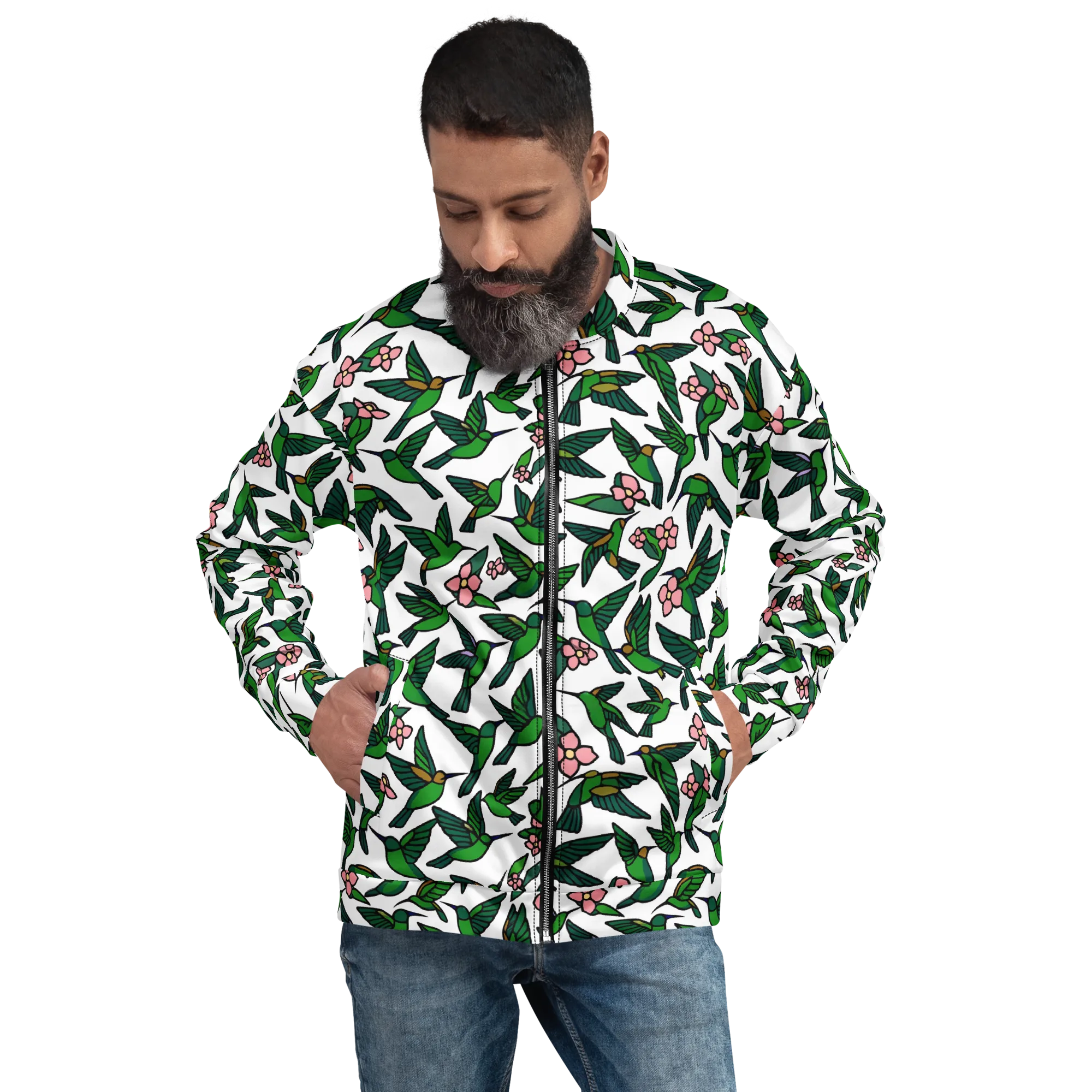 Emerald Hummingbird Garden on Bomber Jacket — Front
