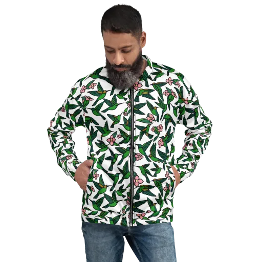 Emerald Hummingbird Garden on a Bomber Jacket