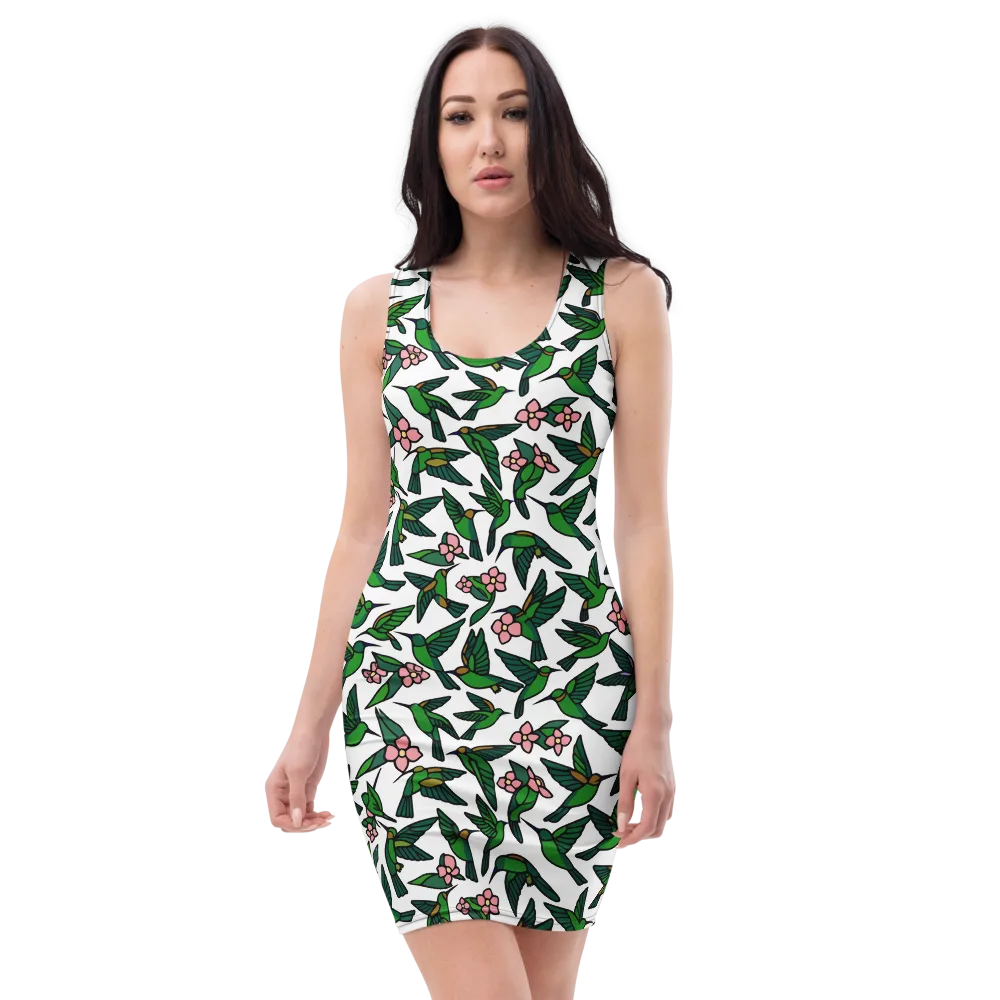 Emerald Hummingbird Garden on Bodycon Dress — Front