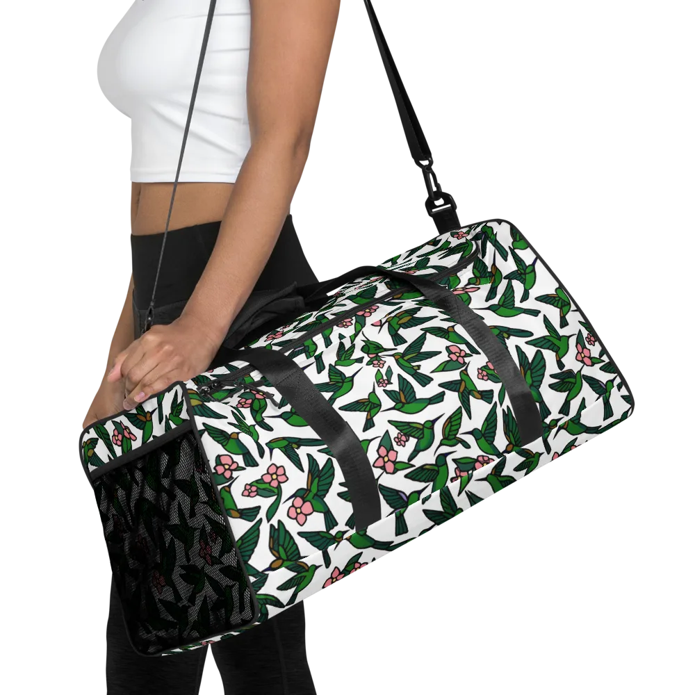 Emerald Hummingbird Garden on Duffle Bag — Front
