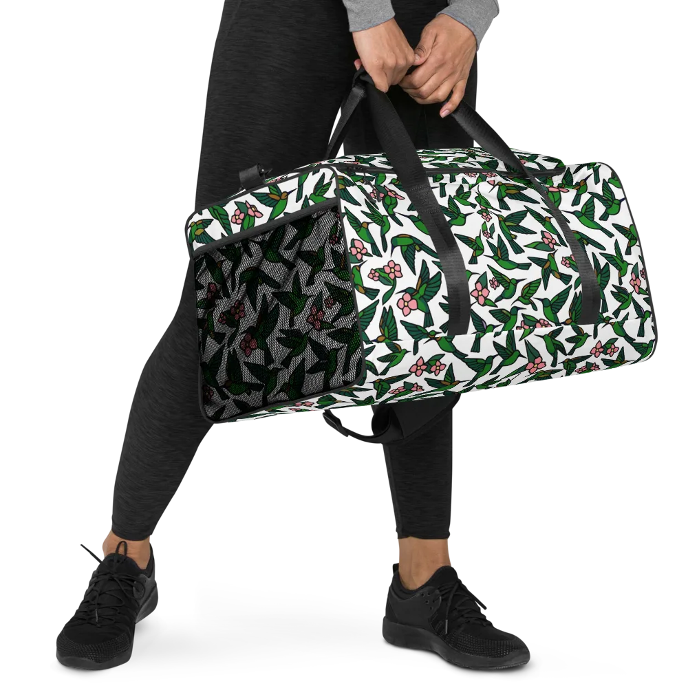 Emerald Hummingbird Garden on Duffle Bag — Right Front