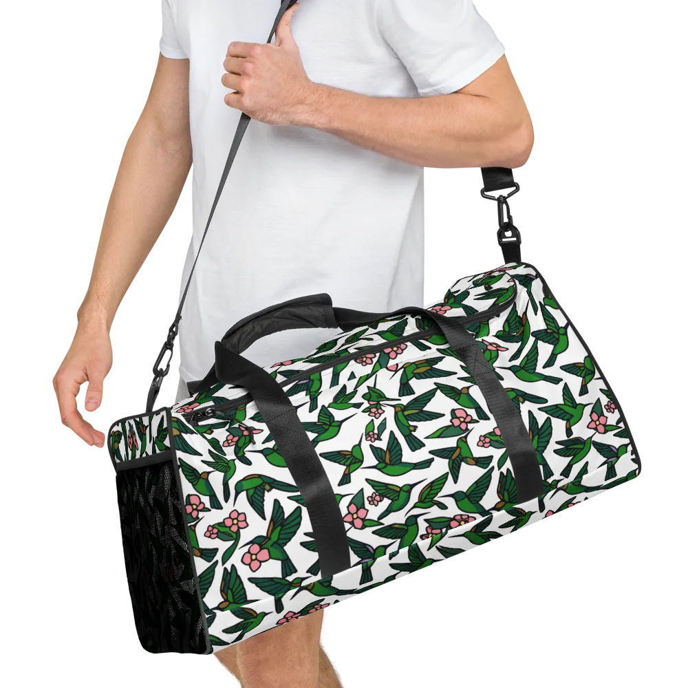 Emerald Hummingbird Garden on Duffle Bag — Right Front