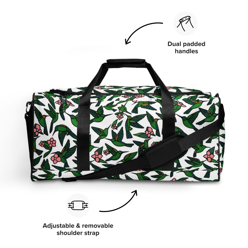 Emerald Hummingbird Garden on Duffle Bag — Front