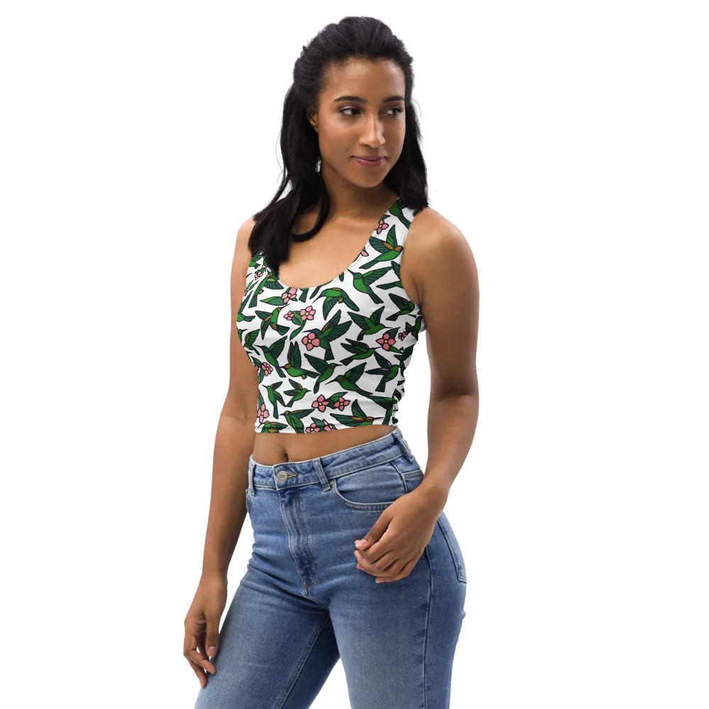Emerald Hummingbird Garden on Crop Top — Left Front