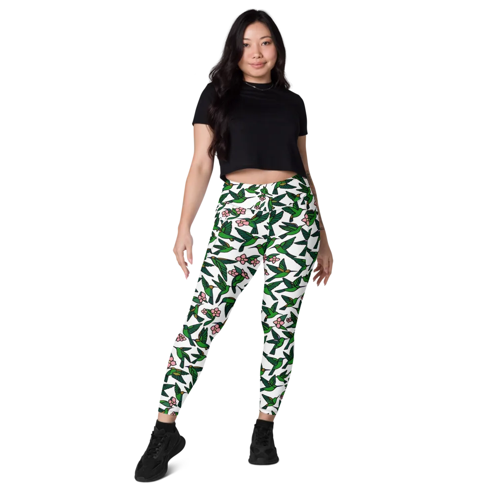 Emerald Hummingbird Garden on Leggings with Pockets — Front