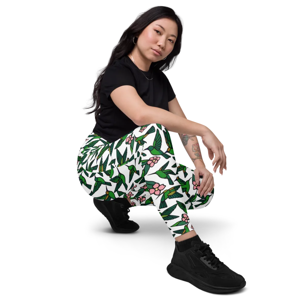 Emerald Hummingbird Garden on Leggings with Pockets — Right Front