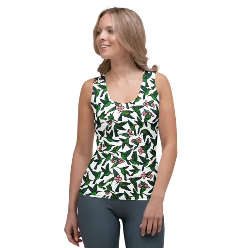 Emerald Hummingbird Garden on a Women's Tank Top
