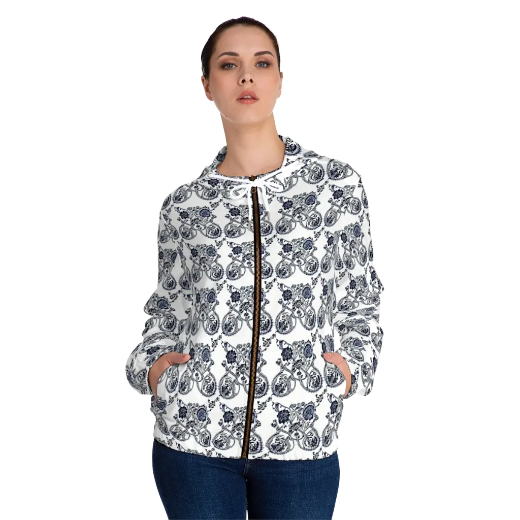 Navy Engraving on Women's Full-Zip Hoodie — Front On Person