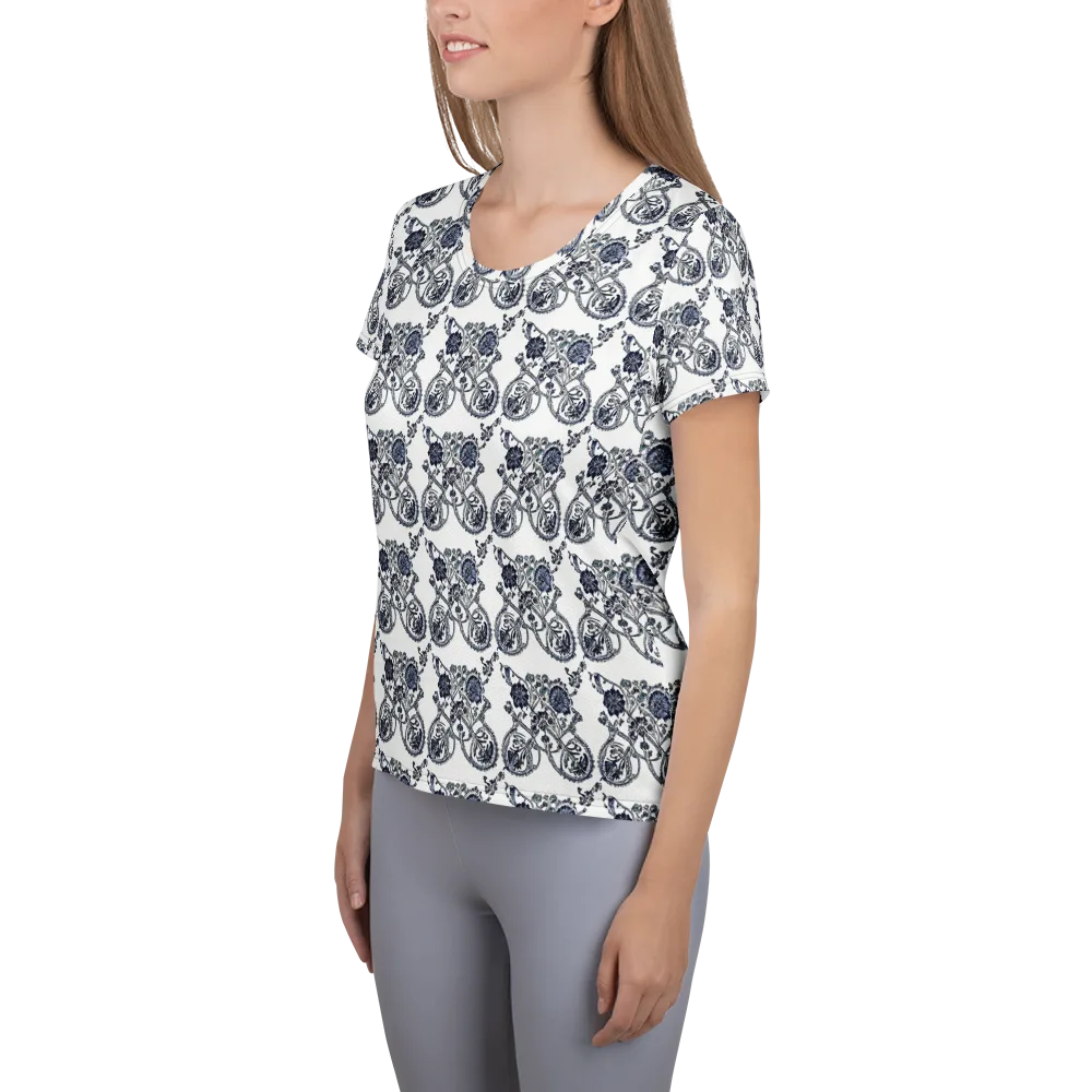 Navy Engraving on Women's Athletic T-Shirt — Left