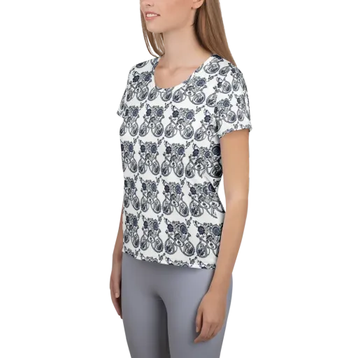 Navy Engraving on a Women's Athletic T-Shirt
