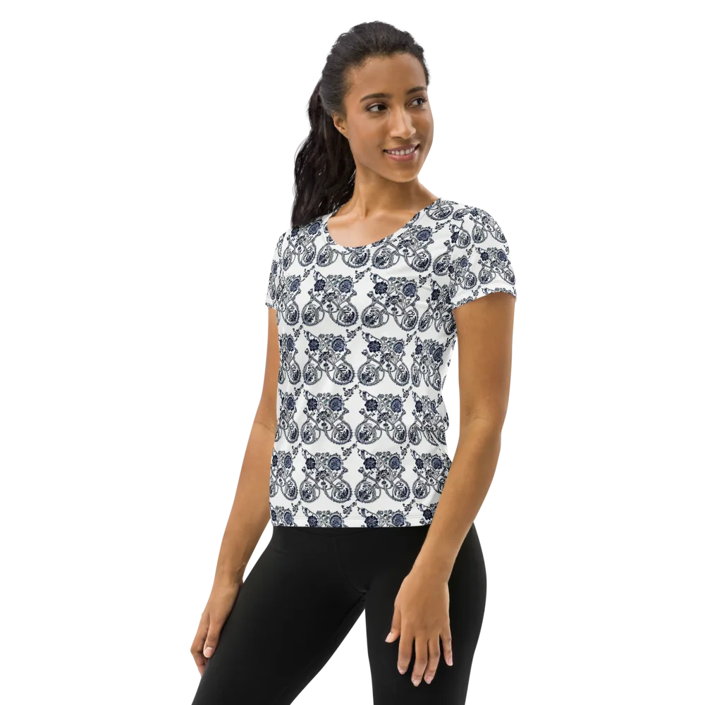 Navy Engraving on Women's Athletic T-Shirt — Left