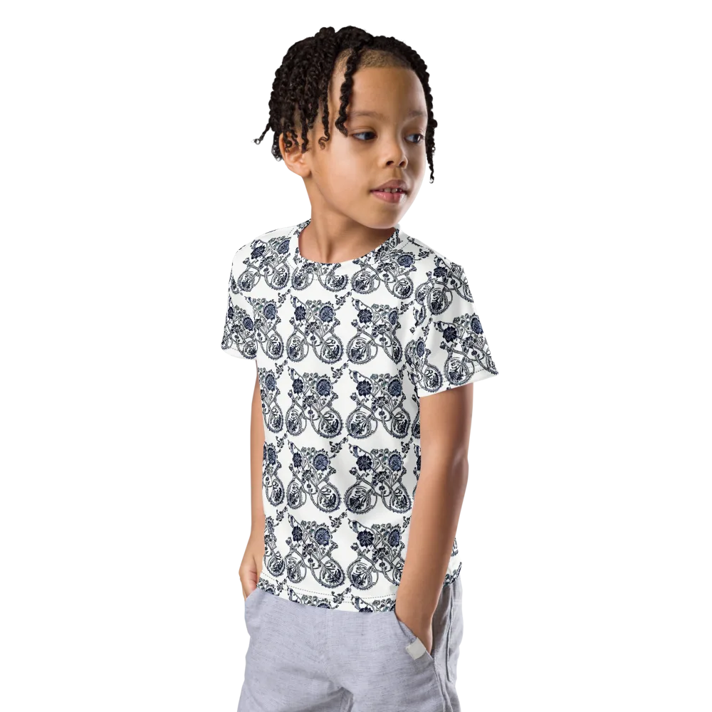 Navy Engraving on Kids Crew Neck T-Shirt — Left Front