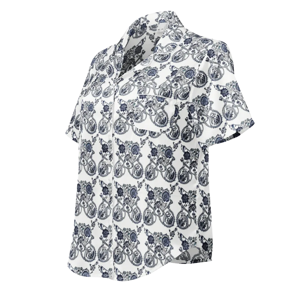 Navy Engraving on Women's Short Sleeve Pajama Top — Left Front
