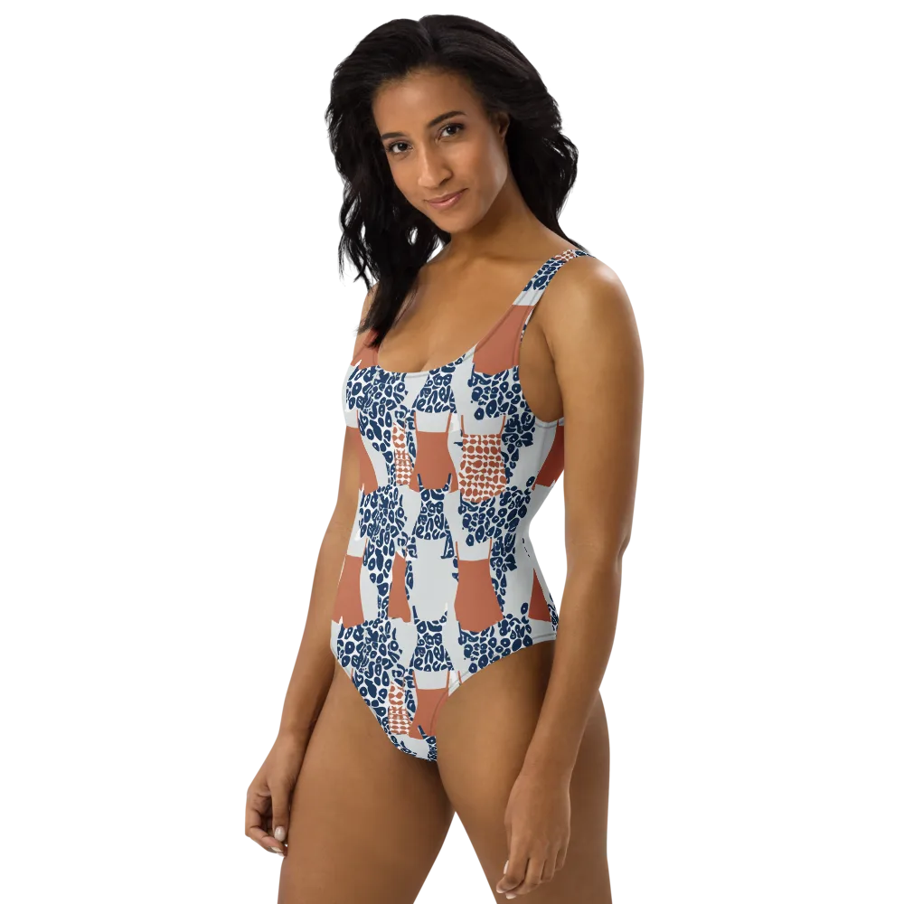Indigo Apron on One-Piece Swimsuit — Left
