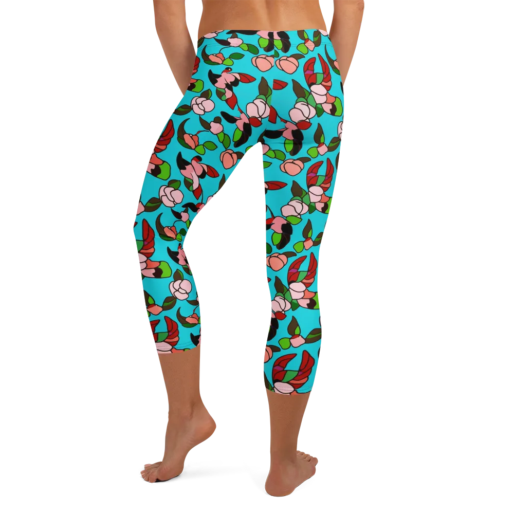Turquoise Bloom Flight on Capri Leggings — Back