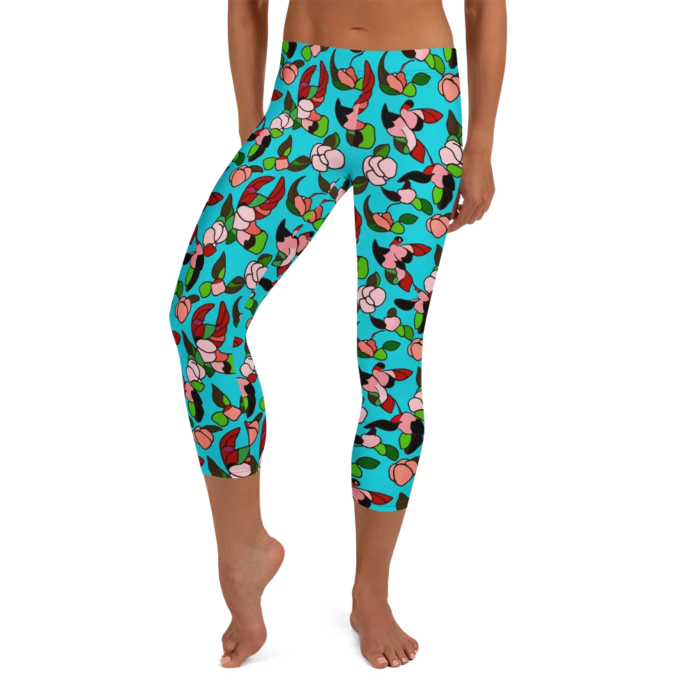 Turquoise Bloom Flight on Capri Leggings — Front