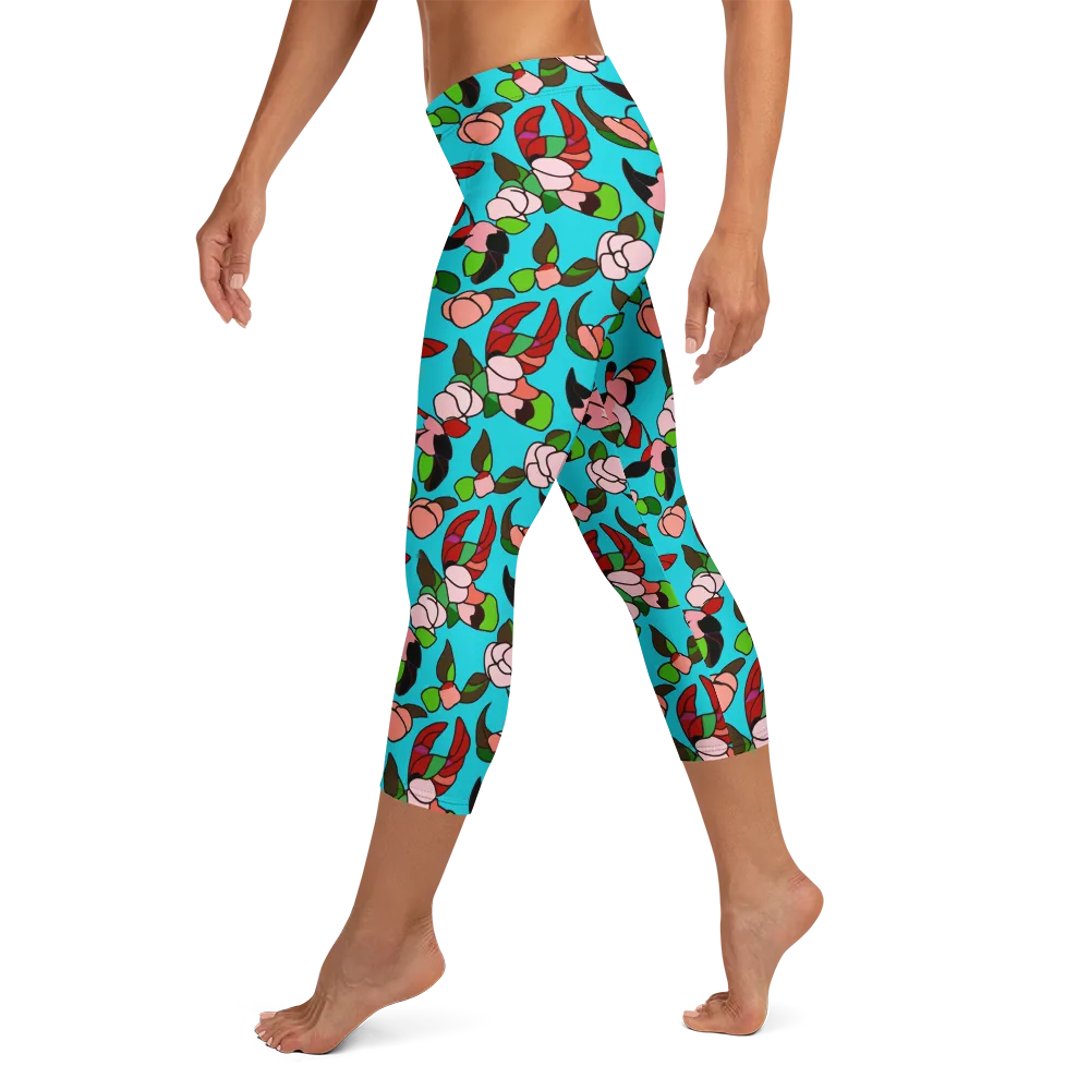 Turquoise Bloom Flight on Capri Leggings — Left
