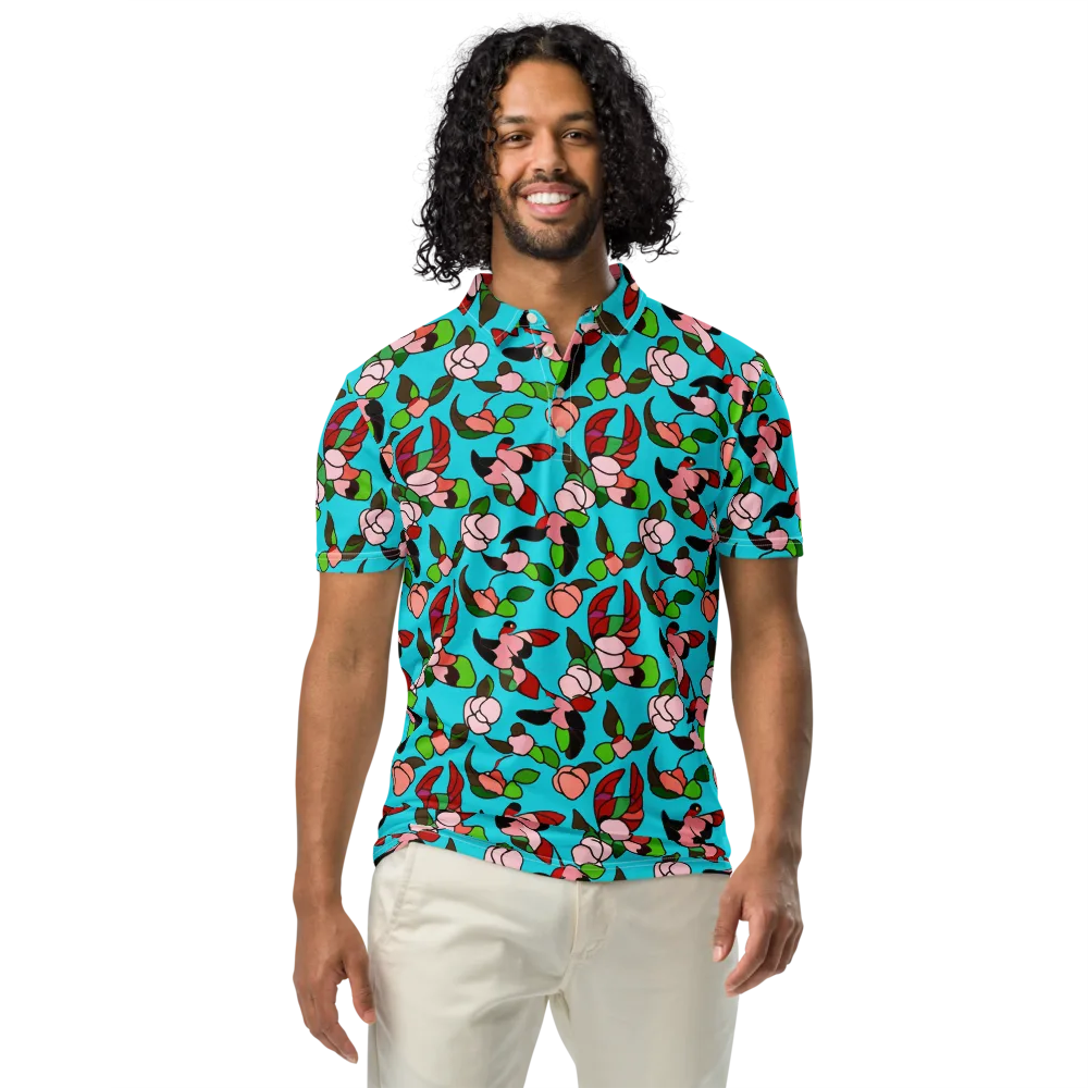 Turquoise Bloom Flight on Men's Slim Fit Polo Shirt — Front