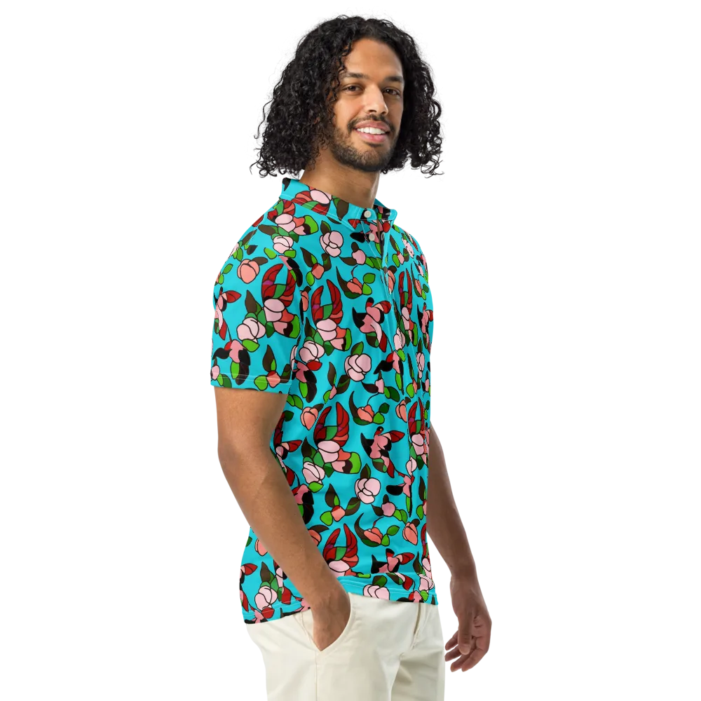 Turquoise Bloom Flight on Men's Slim Fit Polo Shirt — Right Front