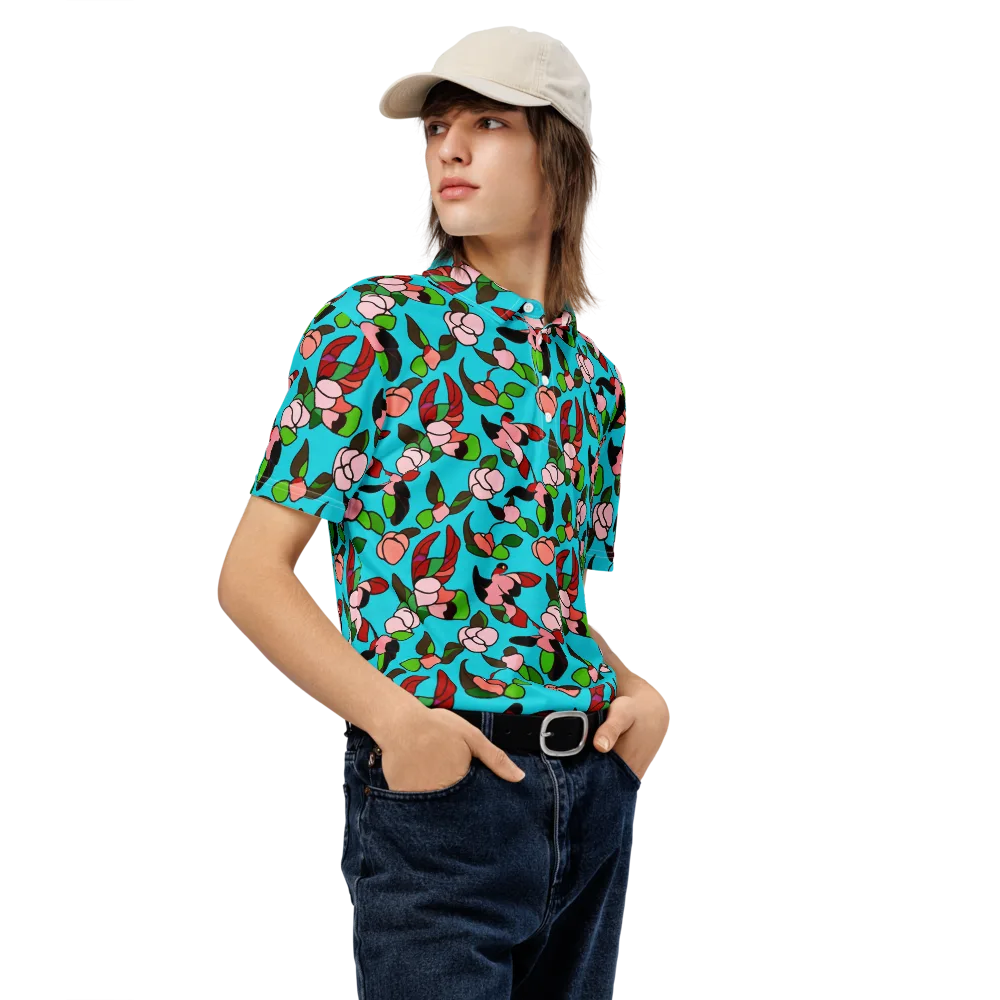 Turquoise Bloom Flight on Men's Slim Fit Polo Shirt — Right Front
