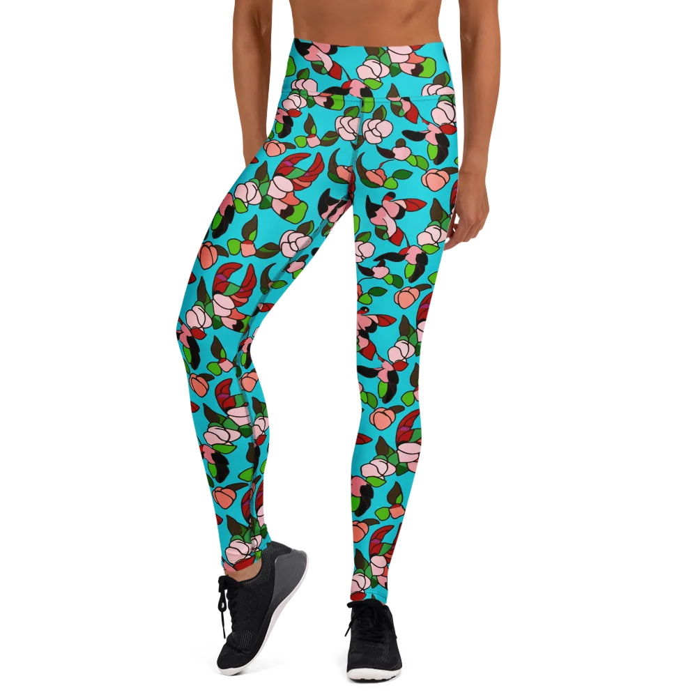 Turquoise Bloom Flight on Yoga Leggings — Front
