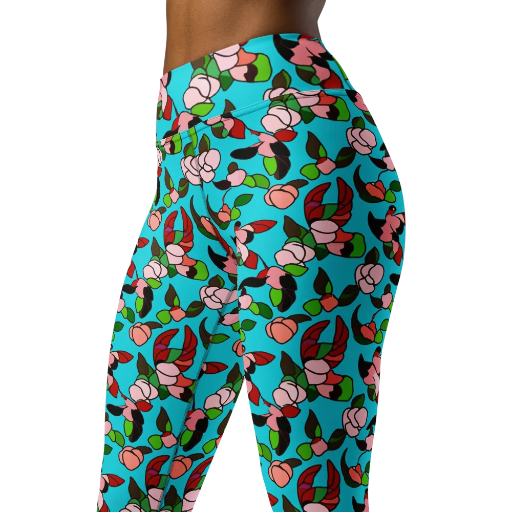 Turquoise Bloom Flight on Yoga Leggings — Left Front