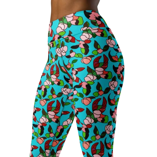 Turquoise Bloom Flight on a Yoga Leggings
